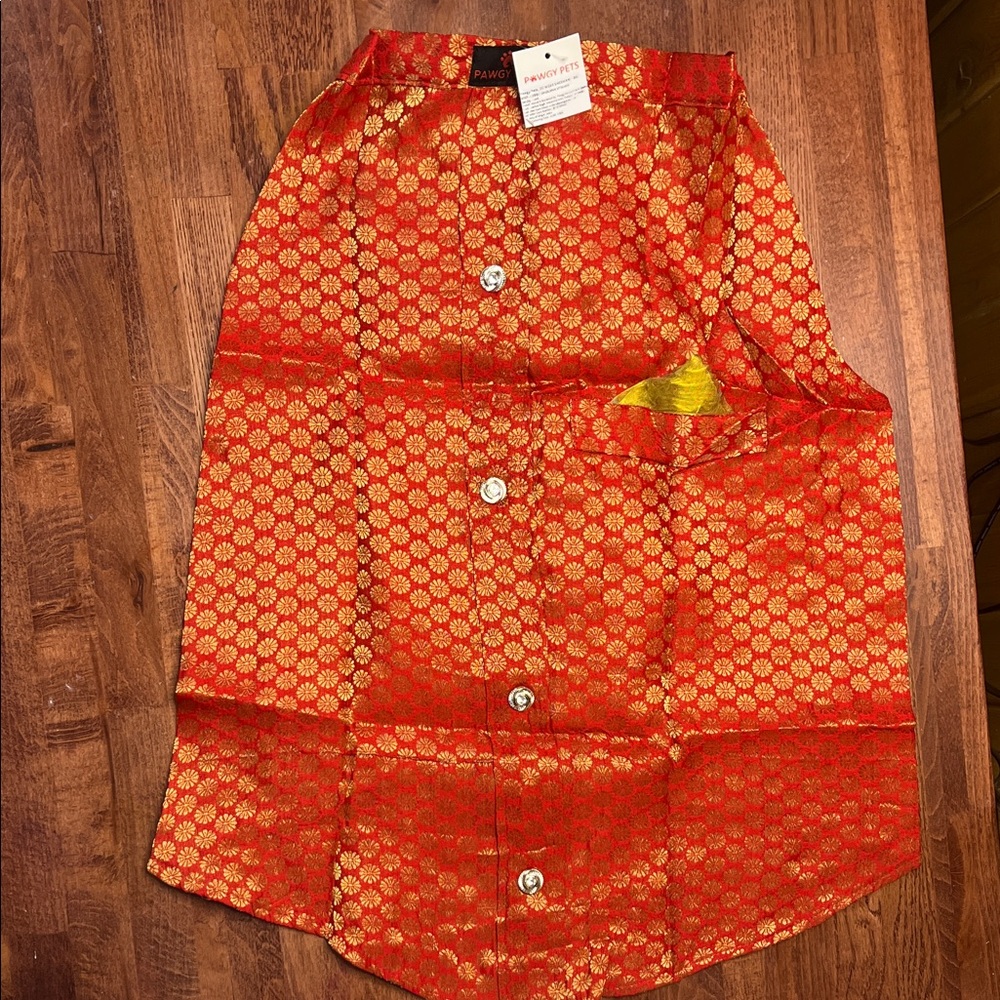 Red & Gold Sherwani Dog Shirt - Festive Button-Up